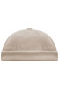 A beige 6-panel chef cap featuring a round top and a ribbed band, with a logo on the side.