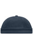 A dark navy blue 6 Panel Chef Cap with a rounded top and ribbed band. It features a logo on the side.