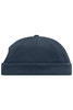 A navy 6 panel chef cap with a ribbed band and a logo on the side.