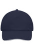 A navy blue 5 panel sandwich cap with a curved brim and a logo on the front.