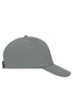 A grey 5 panel sandwich cap featuring a curved brim and an adjustable strap at the back. It has a logo on the front.
