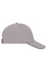 A 5 panel sandwich cap in a light grey colour with a black underside, featuring a logo on the front.
