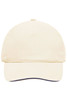 A beige 5 Panel Sandwich Cap with a curved brim and a logo on the front.