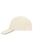 A beige 5 Panel Sandwich Cap with a curved brim and an adjustable strap at the back, featuring a logo.