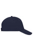 A navy blue 5 panel sandwich cap with a curved brim and a logo on the side.