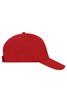 A red 5 panel sandwich cap with a curved brim and an adjustable strap at the back. Features a logo.