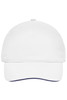 A white 5 panel sandwich cap with a curved brim and a branding logo on the front.
