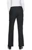 Black pants with a flared leg design, featuring pockets and a waistband, viewed from the back.