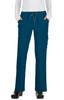 A pair of teal pants with pockets and a drawstring waist, displayed on a model. The design includes a logo.