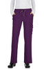 A pair of purple pants with pockets and a drawstring waistband. The model is wearing black shoes.
