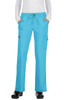 A pair of turquoise pants with pockets, featuring a drawstring waist and worn with a white long-sleeve top.
