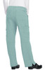 A pair of aqua green cargo pants with pockets and a relaxed fit, viewed from the back.