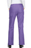A pair of women's purple pants with a flared leg and back pockets, featuring a logo on the waistband.