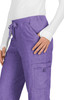 A pair of purple pants featuring a drawstring waist and side pockets, with a small pocket on the leg.