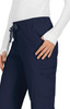Navy blue pants with an elastic waistband, drawstring, and side pockets, featuring a cargo pocket on the leg.