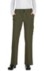 An olive green pair of pants with pockets and a drawstring waist, featuring a branding logo.