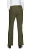 A pair of olive green pants with a flared leg design and pockets, viewed from the back.