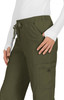 A pair of olive green pants with side pockets and an adjustable drawstring waistband. Features a logo on the pocket.