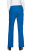 Blue pants with a flared bottom and a pocket on the side, featuring a logo. The back view showcases the waistband and fit.