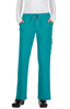 Teal pants with a drawstring waist and side pockets, featuring a logo on the fabric.
