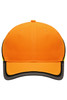 A vibrant orange cap with a black and yellow trim, featuring a logo on the front.