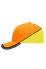 A cap featuring vibrant orange and yellow panels with a black trim and a logo.