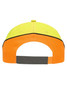 A cap featuring a bright yellow and orange colour scheme with a grey strap and logo on the back.