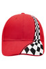 A red cap featuring a checkered pattern design along one side and a logo.