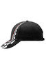 A black racing cap featuring a checkered pattern along the side and a curved visor. It has a logo on the front.