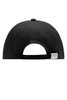 A black racing cap with a curved peak and an adjustable strap at the back. It features a logo.