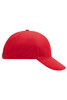 A red racing cap with a structured design and a curved brim, featuring a logo on the side.