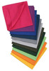 A stack of bandanas in various colours, including pink, purple, blue, grey, green, and orange. Each has a solid design and branding.
