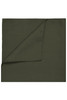 A dark green bandana with a smooth texture and a folded corner, featuring a branding logo.