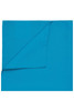 A turquoise bandana featuring a plain design, folded at one corner. It has a branding logo.