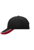 A black cap with a red brim and white detailing, featuring a logo on the front.