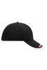 A black cap with a red underside on the brim, featuring an adjustable strap and a logo.