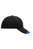 A black cap with a blue underside of the brim, featuring a logo on the front.
