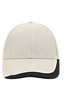 A cap featuring a light beige body with a black peak and white trim, complete with a logo.