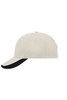 A beige cap with a black peak and white detailing, featuring a logo on the front.