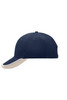A navy blue cap with a beige brim and a logo on the front. Suitable for casual wear and summer activities.