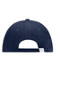 A navy cap featuring a curved brim and an adjustable strap at the back, with a logo present.