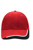 A red cap with a black and white peak, featuring a branding logo on the front.