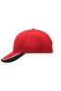 A red cap with a black brim and a white accent, featuring a logo on the front.