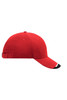 A red cap with a curved brim and a small black detail at the front. It features a logo on the side.
