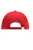 A red cap featuring a rear view, showcasing a smooth texture and an adjustable strap. It includes a logo on the back.