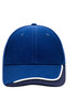 A blue cap with a white trim along the brim and a logo on the front.