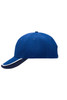 A blue cap with a curved peak and a darker blue trim, featuring a logo on the front.