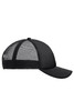 A black Kids 5 Panel Polyester Mesh Trucker cap featuring a mesh back and curved brim, with a logo present.