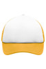 A yellow and white Kids 5 Panel Polyester Mesh Trucker cap with a structured front and mesh sides, featuring a logo.