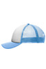 A kids' trucker cap featuring a blue visor and mesh back, with a white front panel and a logo.